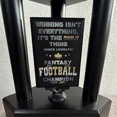 Custom Fantasy Football Champion Trophy, Blk Plastic Topper & Column, Wood Base
