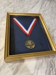 Vintage Framed Tennis Medal Award Red White Blue Ribbon Sports Display 9 x 11”