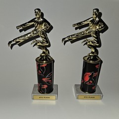 2 Karate Trophy Lot 10″ Tall 4th Place Gold Tone Black Red Martial Arts