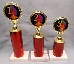 set of 3 place trophies award 1st 2nd 3rd torch insert red on white marble base