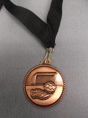 HR745 Soccer Medals – 2″ – Gold, Silver, Bronze – Black Neck Ribbons