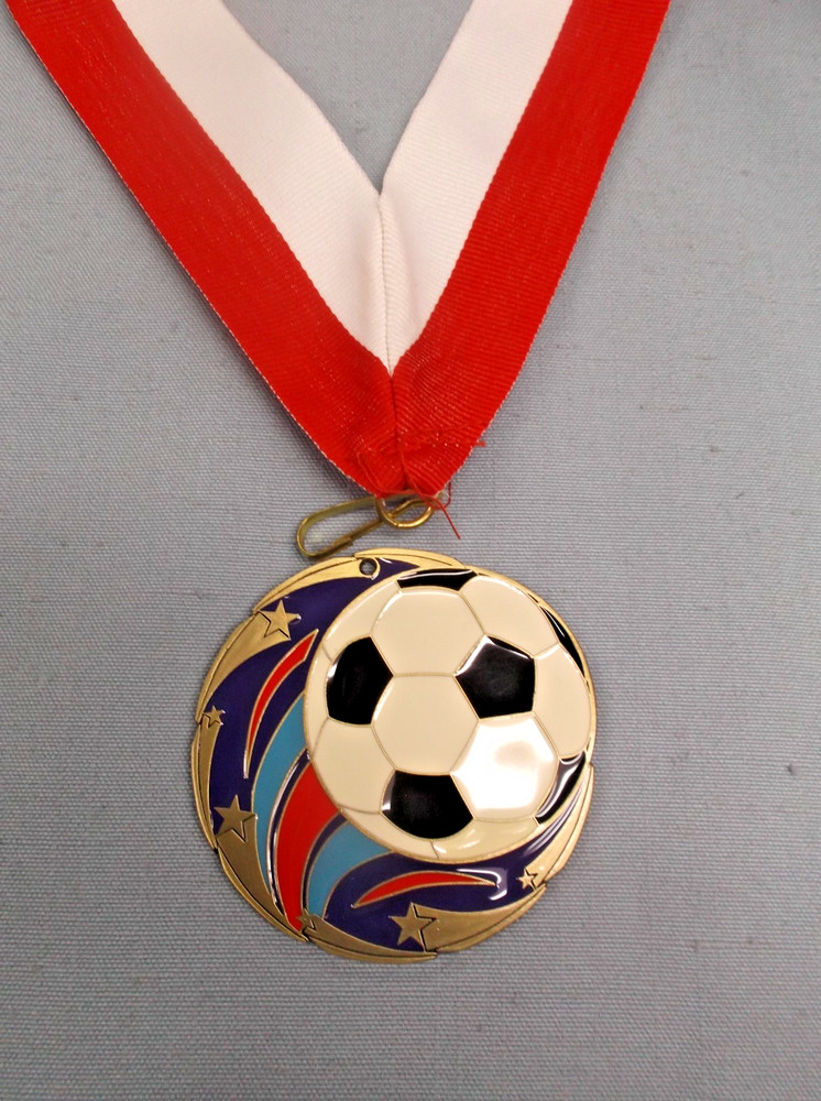 Soccer Medal – 2½″ Enameled – Wide Red/White Neck Ribbon – Premium Award Medal