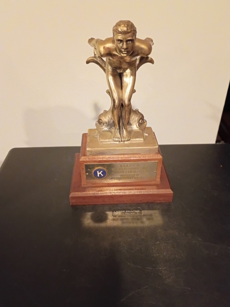 Vintage Large Swimming Champion Trophy Wooden Base Kiwanis International 1963