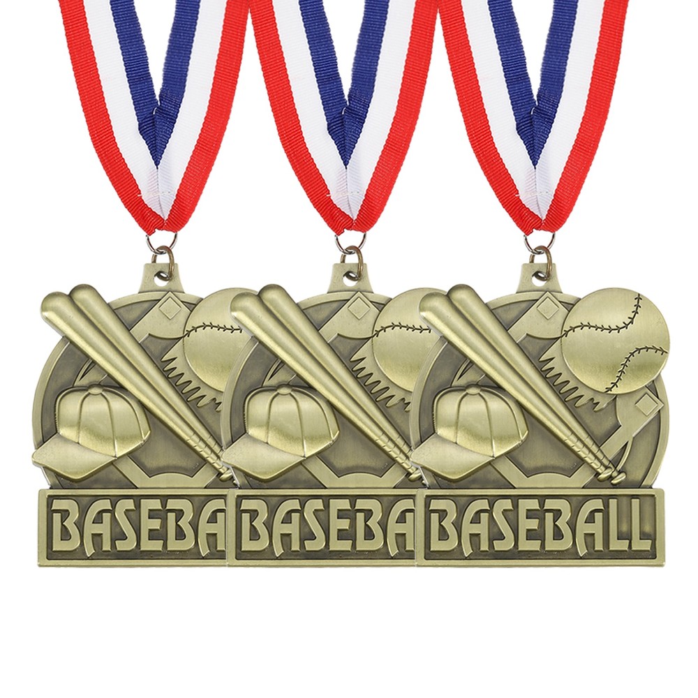 3 Pcs Baseball Court Print Gold Award Medals with Neck Ribbons, Gold