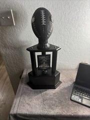 Custom Fantasy Football Champion Trophy, Blk Plastic Topper & Column, Wood Base