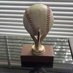 Vintage Baseball Trophy w/ White Leather Topper, Gold Metal Stand, 1979