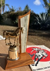 VINTAGE 1950’s – 60’s HORSE SHOW THOPHY 9.5 “ TALL SOLID HARDWOOD & METAL HORSE