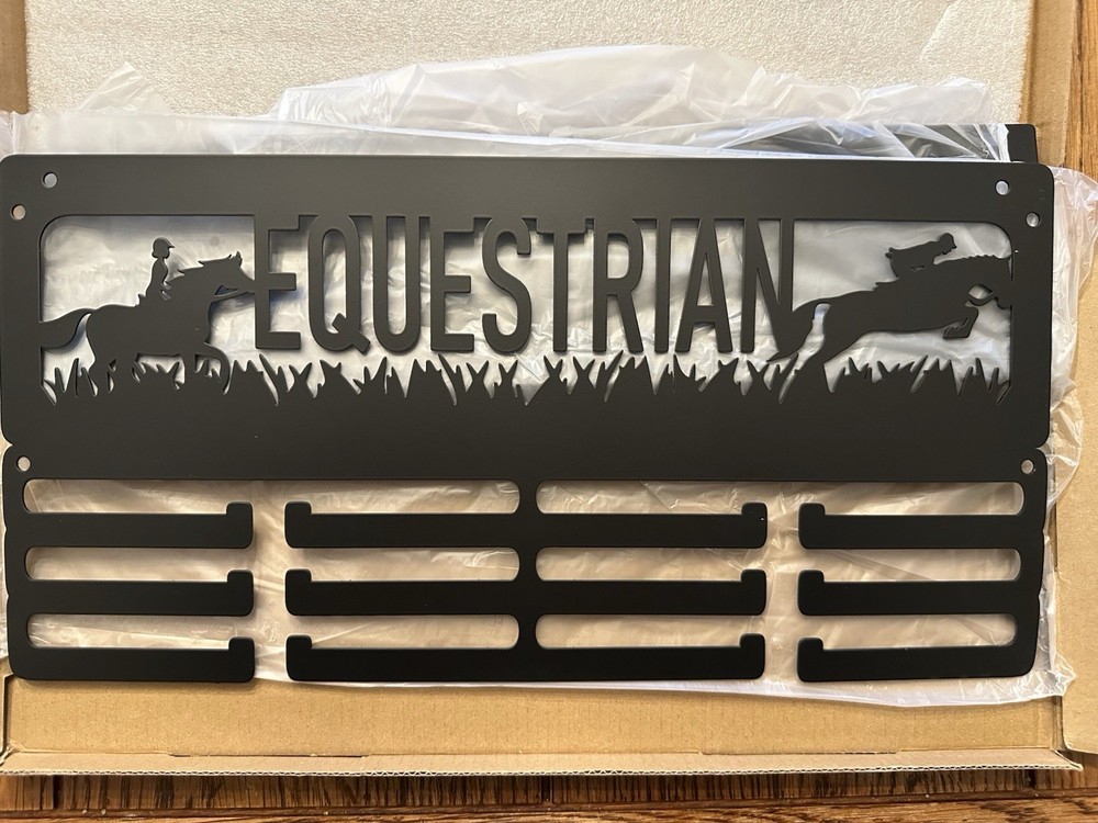 Black Medal Holder Award Shelf Display With 12 Hooks, Horse