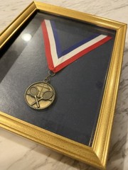 Vintage Framed Tennis Medal Award Red White Blue Ribbon Sports Display 9 x 11”