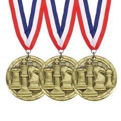 3 Pcs Chess Star Print Gold Award Medals with Neck Ribbons, Gold