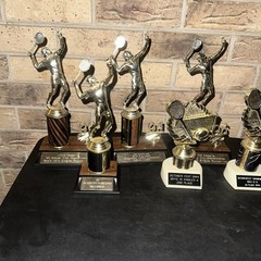 VTG 90s Tennis Trophies Lot of 7 Faux Wood Faux Marble Sports Awards Decor Prop