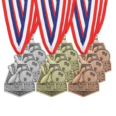 9Pcs Bowling Game Award Medals with Neck Ribbons Gold/Silver/Red