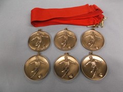 6 High‑End Female Gold Soccer Medals – All Wide Red Ribbons (2 1/2″)