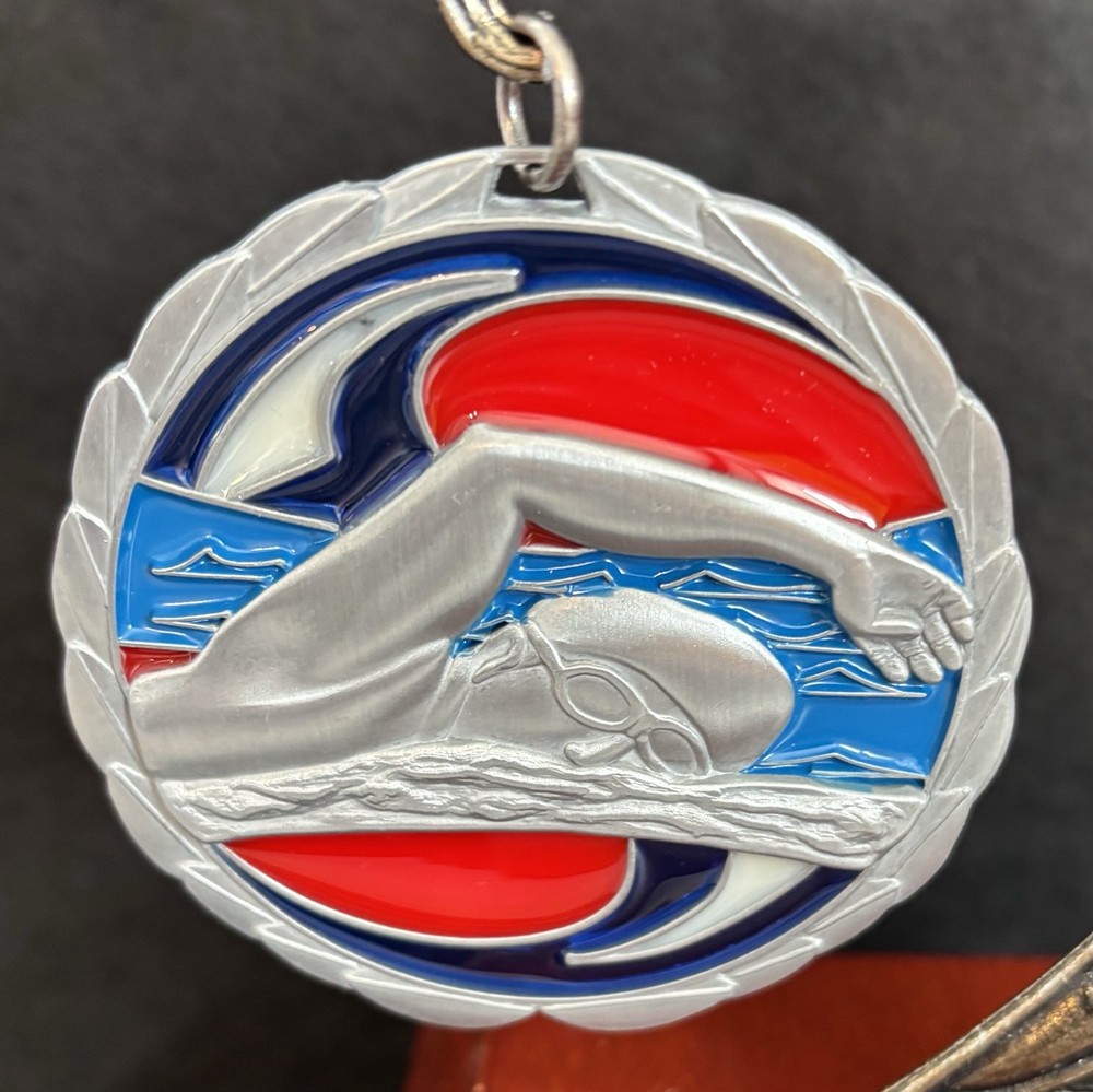 2 1/2” Silver – Red/Blue Swimming Medal With Ribbon (See All Photos)