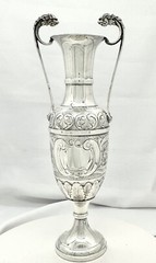 SWATKINS Silver Plated Engand Trophy Vase Chased Lion Handles Vintage St Anne’s*