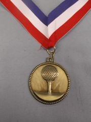 Golf Medals 2″ ball on tee Style Gold Silver Bronze – Wide Red White Blue Drapes
