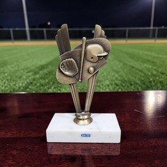 Little League Baseball Trophy about 6″ tall with helmet, mitt, bat, ball