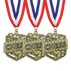 3 Pcs Chess Gold Award Medals with Neck Ribbons, Gold