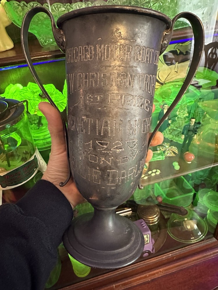 Antique 1923 Trophy Nautical Motor Boat 1st Place Cup Chicago Nelly Darling 10X7