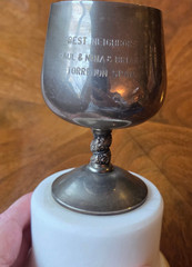 Vtg Trophy Cup Silver Brandy Glass Marble Base Torrejon Spain Engraved 7″ Tall