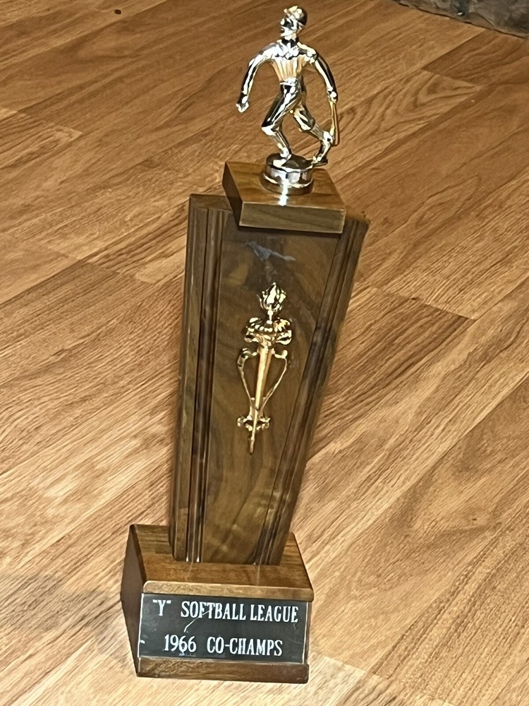 Vintage 1966 Softball YMCA Trophy 13.5” Wood Championship Award Metal Topper