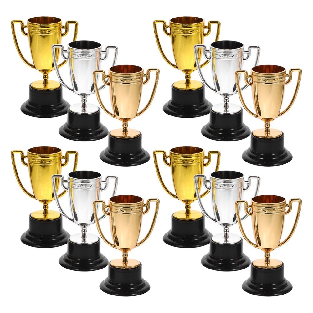12Pcs Reusable Plastic Mini Sports Trophies Gold Silver Bronze for School Events