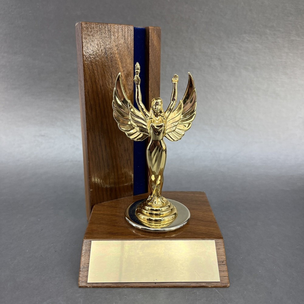 Vintage MidCentury 6” Achievement Trophy Topper Teak Blue Brass Band
