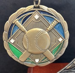2 1/2” Gold – Blue/Green Baseball Swirl Medal With Ribbon (See All Photos)