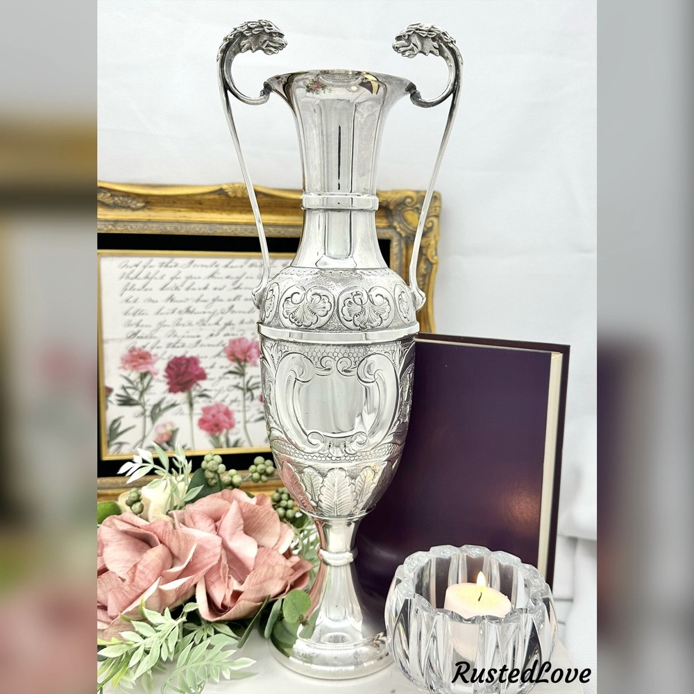 SWATKINS Silver Plated Engand Trophy Vase Chased Lion Handles Vintage St Anne’s*